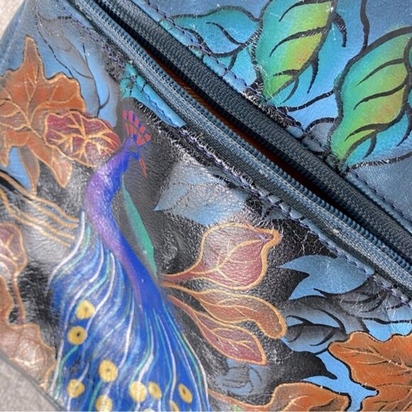 Vintage 90’s Biacci Hand Painted Peacock On Leather Crossbody Shoulder Bag Purse - Picture 11 of 16